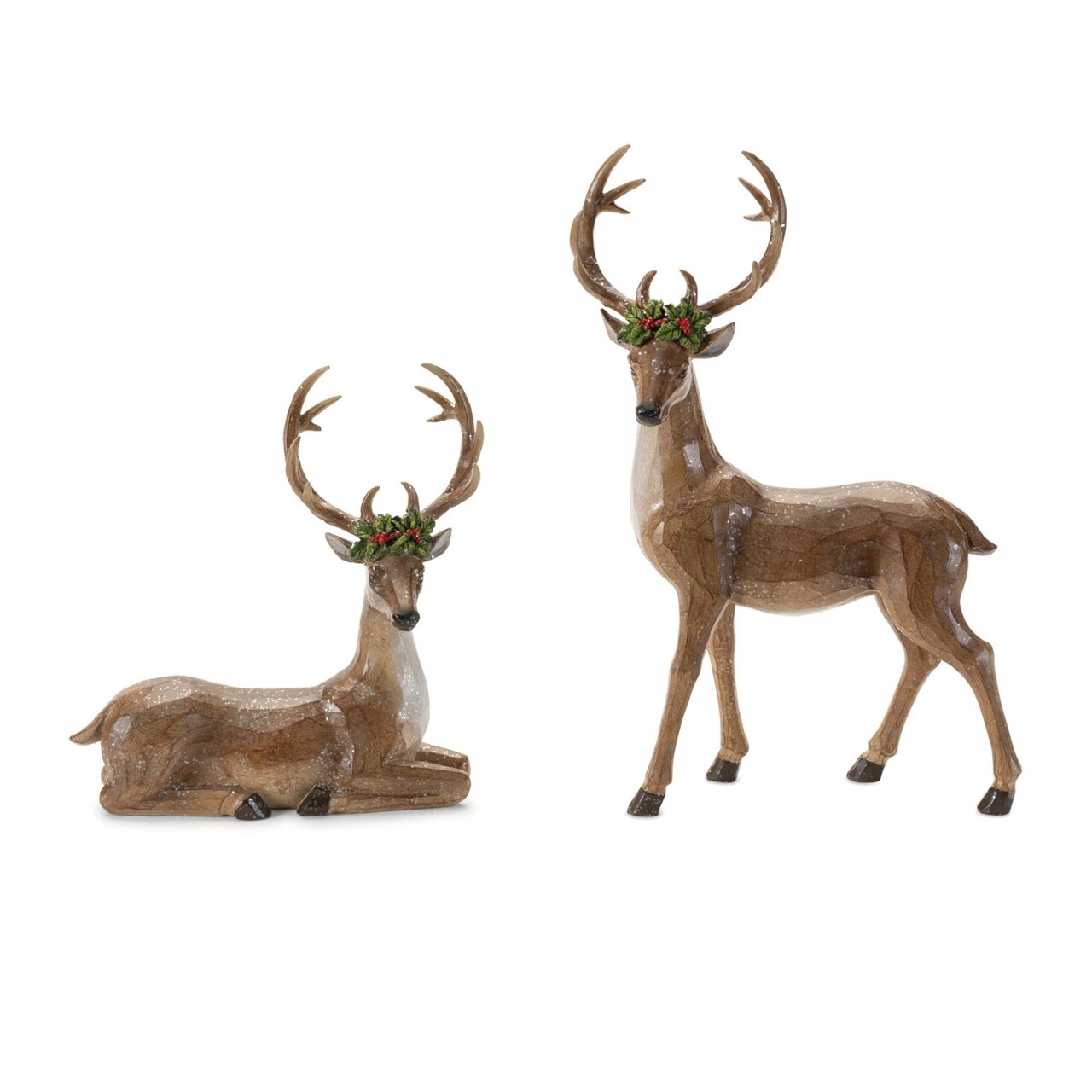 Melrose Reindeer with Holly Christmas Figurines - 13" - Set of 2